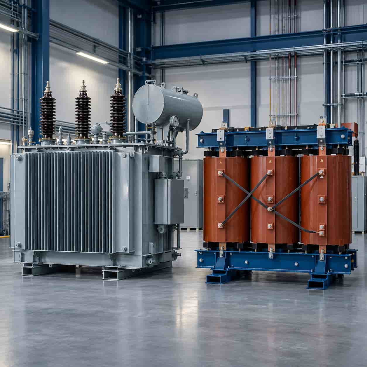 Oil-immersed and dry-type transformers shown side by side for project selection and procurement comparison