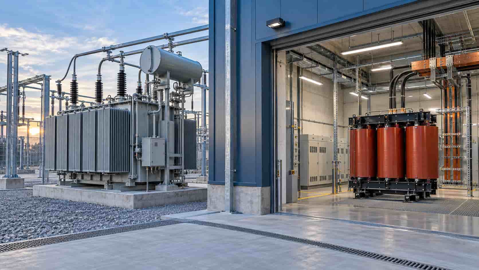 Modern power facility with oil-immersed and dry-type transformer installation zones for lifecycle and site planning