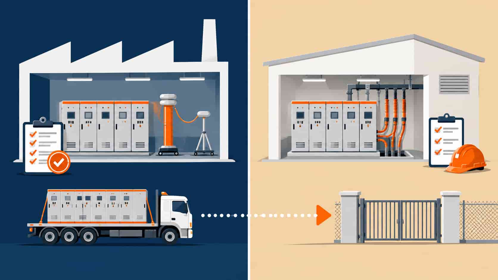 Flat infographic comparing factory and site acceptance testing stages side by side