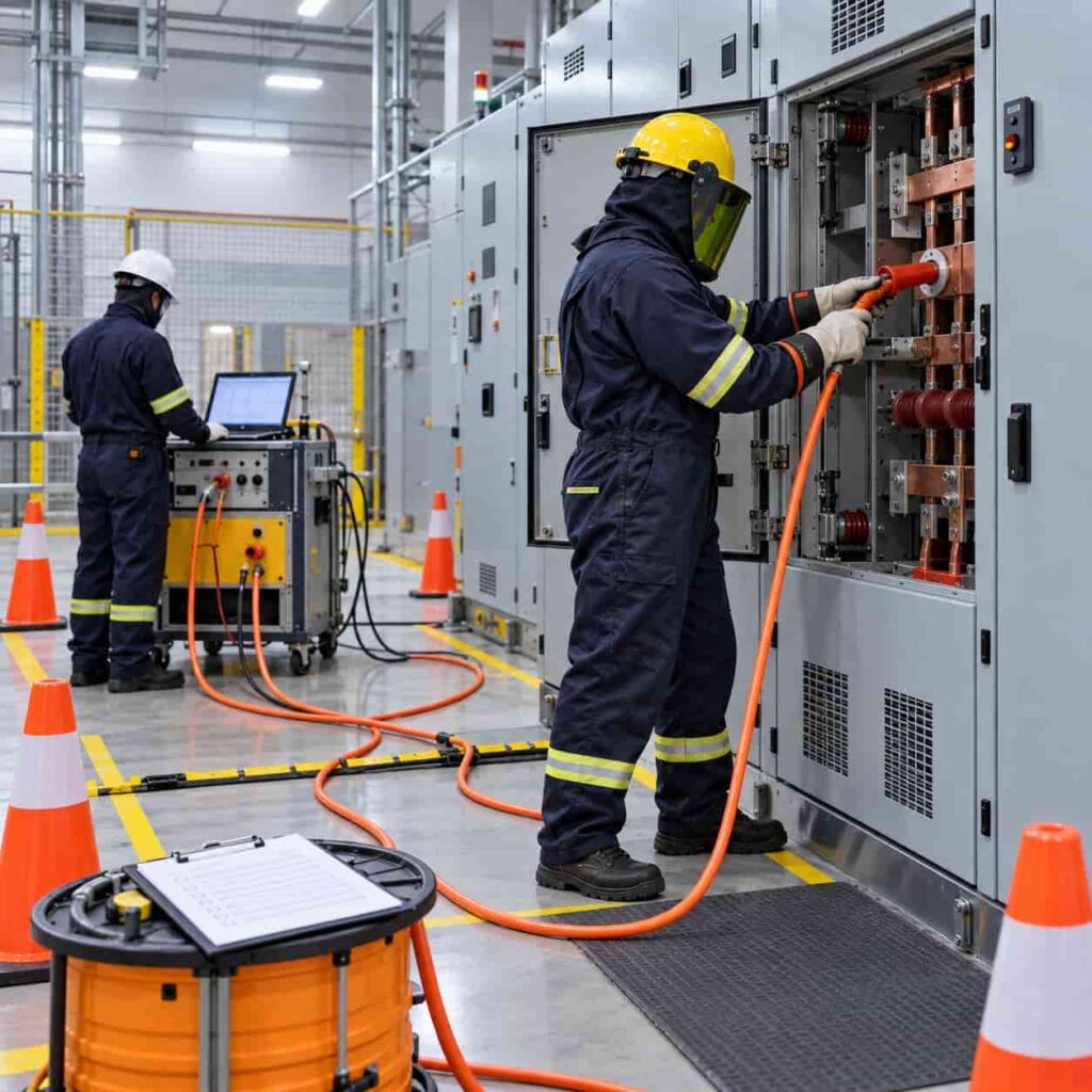 Engineer performing high-voltage acceptance test on switchgear panel with test documents