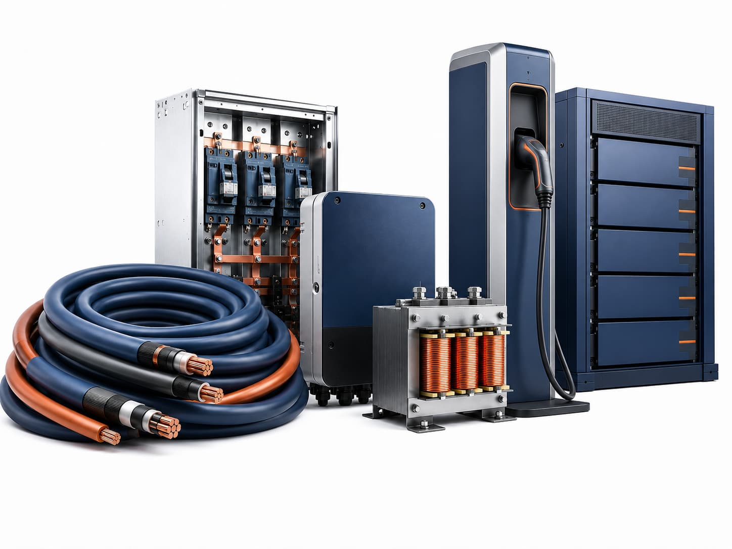 KEXINGYU E-POWER GROUP integrated power equipment featuring industrial cables, switchgear, inverter, transformer, battery storage cabinet and EV charging station