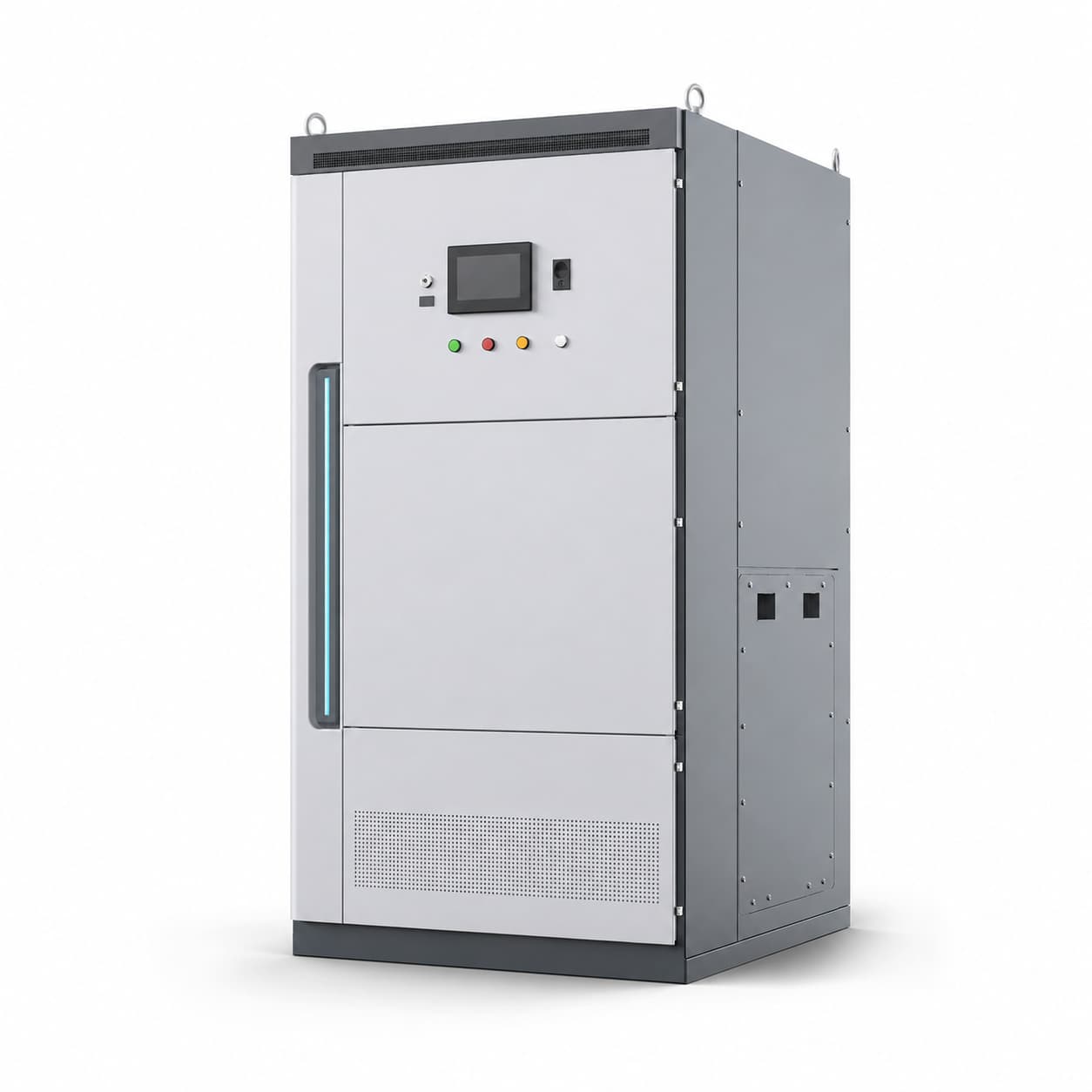 Modern medium voltage metal-clad switchgear cabinet with digital control panel on a clean white background
