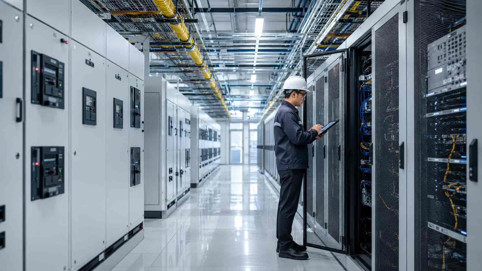 Data Center Engineer Performing Equipment Inspection and Maintenance