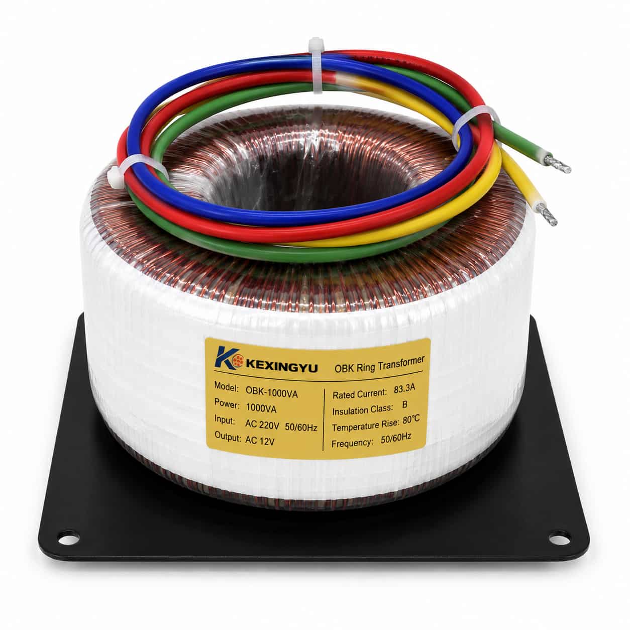 OBK ring toroidal transformer with color-coded lead wires