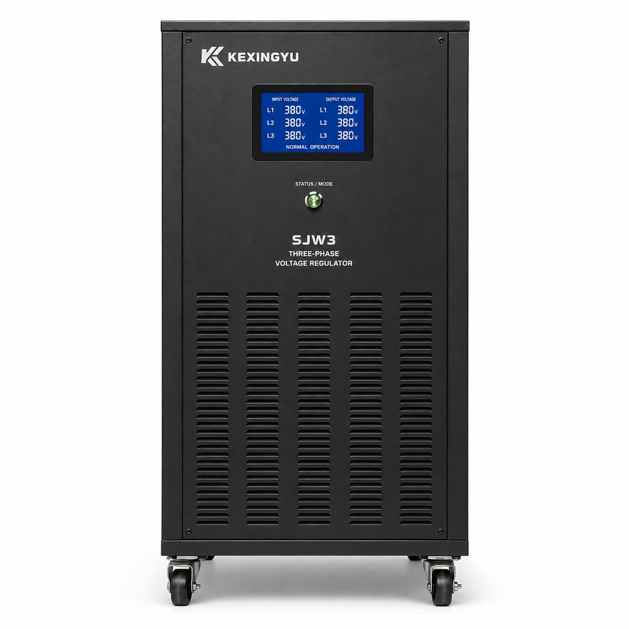 SJW3 three-phase industrial voltage regulator black cabinet front view