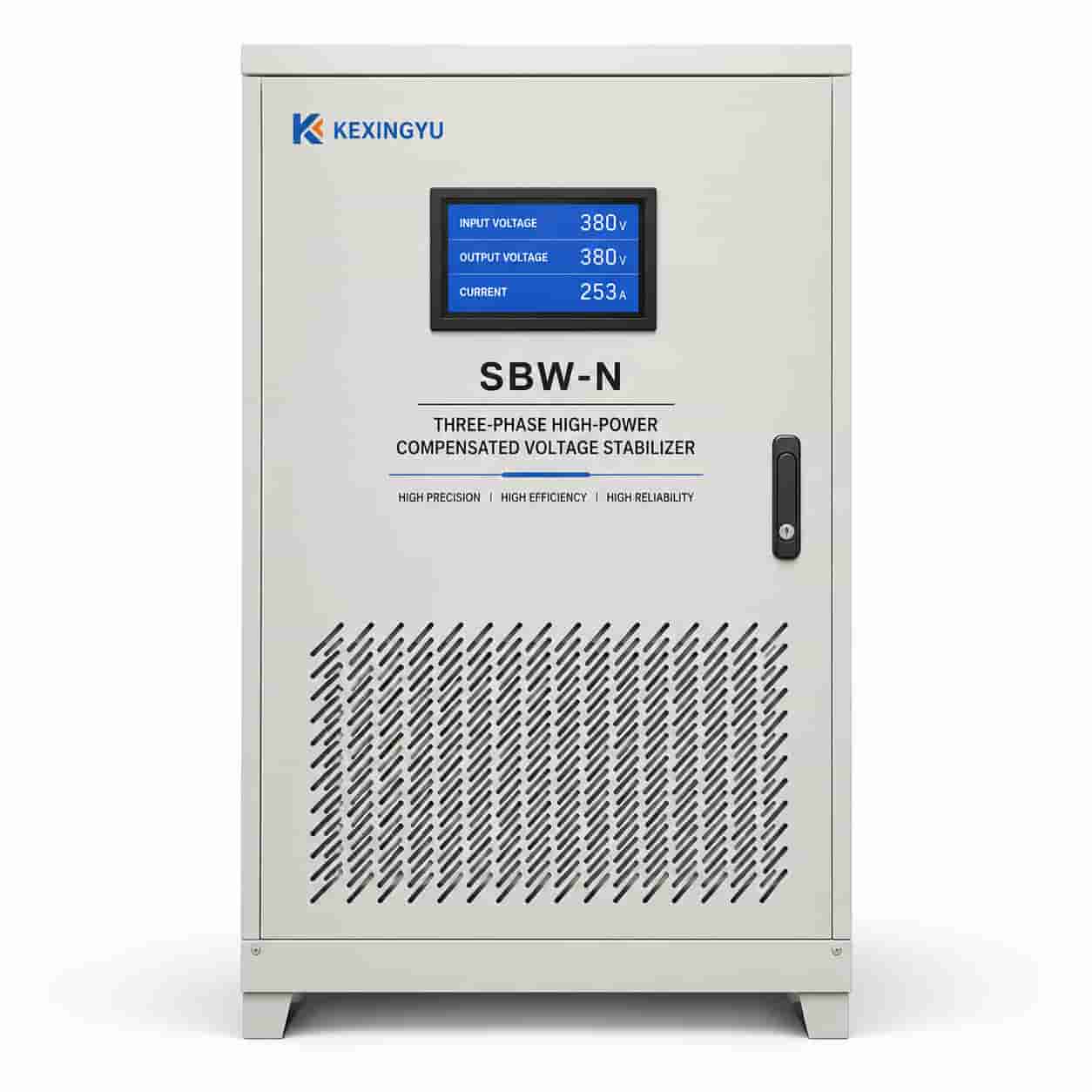 SBW-N three-phase high-power voltage stabilizer front view with LCD display