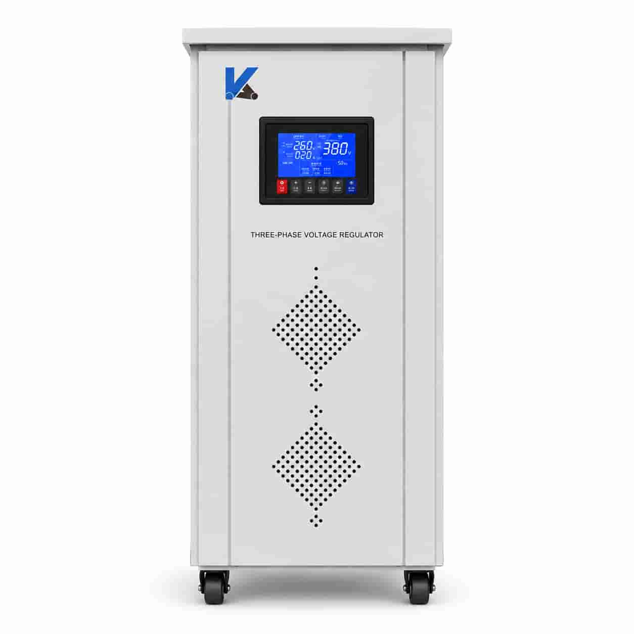 TNS6 three-phase voltage regulator front view with configurable LCD display
