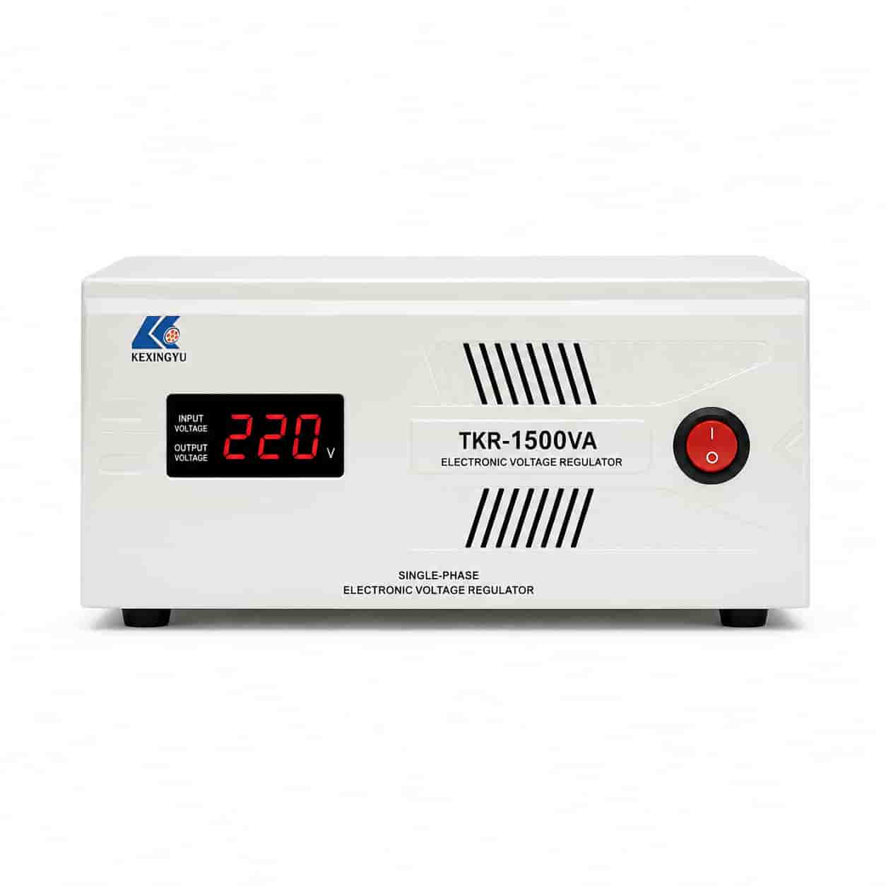 TKR single-phase electronic voltage regulator front view with LED display
