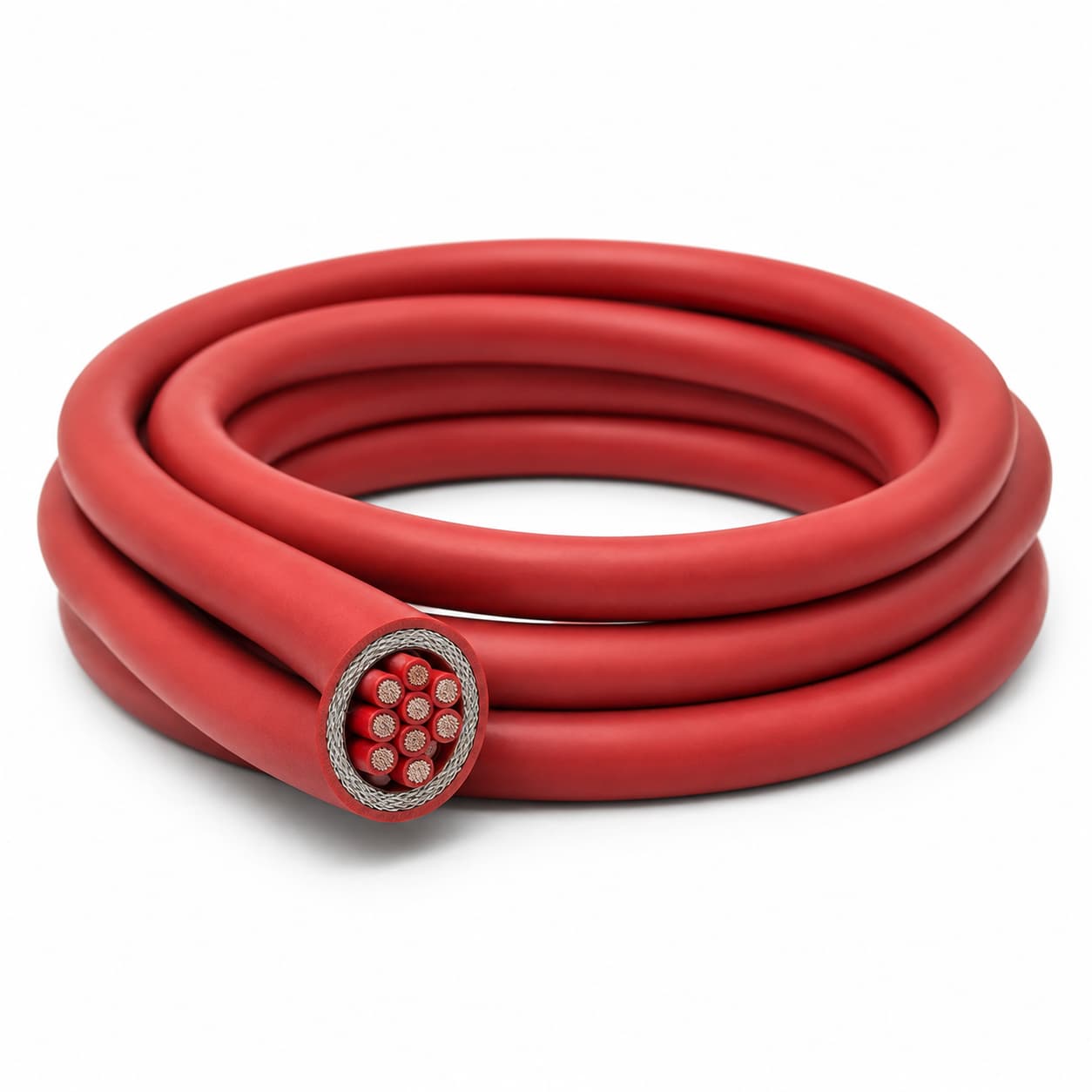 KGGRP silicone rubber shielded control cable, red jacket, coiled on white background