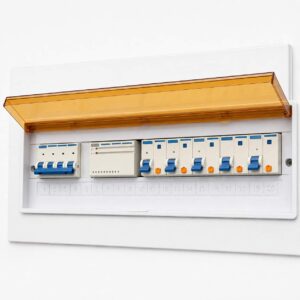Front view of KEXINGYU PZ30 distribution board with transparent hinged covers over two breaker rows
