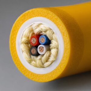 Cross-section of zero buoyancy floating cable showing Kevlar reinforcement and colored conductors