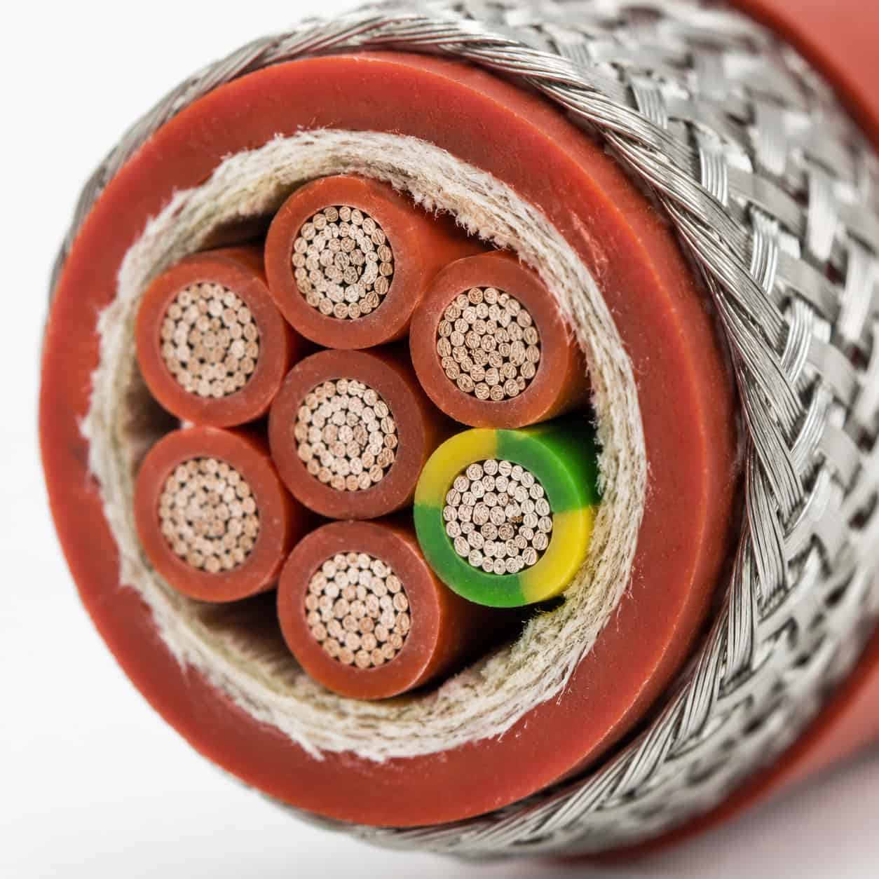 Cross-section of SiHF-GLS cable showing multiple silicone insulated cores and steel braid