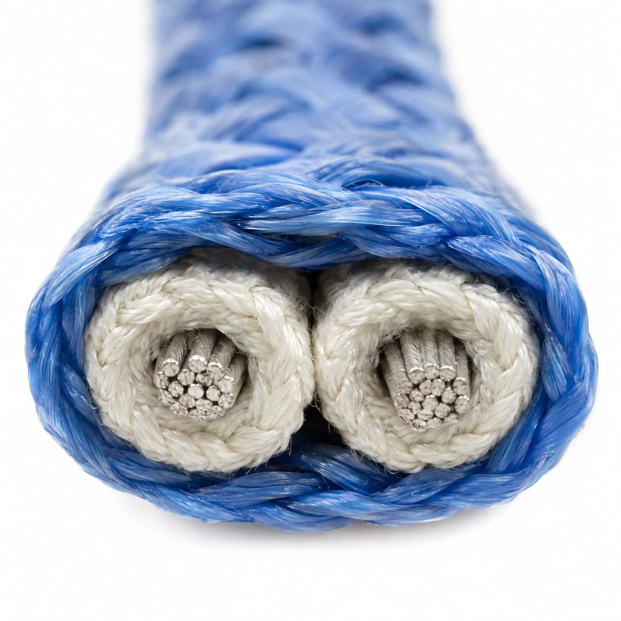 Cross-section of glass fiber braided thermocouple wire showing parallel conductors