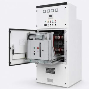 Open view of KYN28 switchgear showing withdrawable vacuum circuit breaker truck