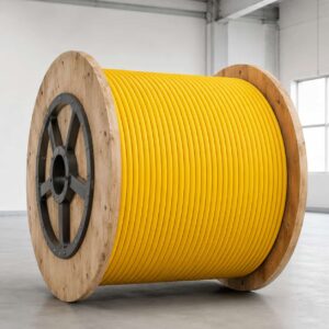 Yellow zero buoyancy floating cable coiled on industrial spool