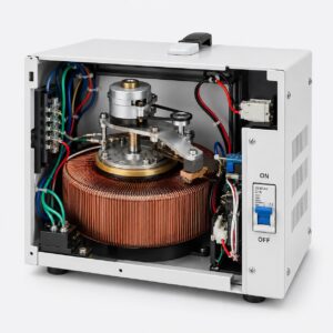 Internal view of TND regulator showing copper coil and servo motor mechanism