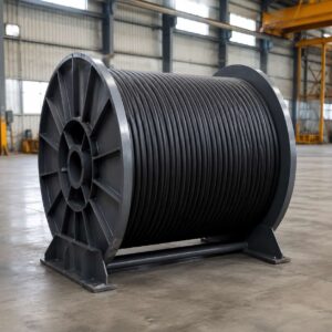 Black reeling cable wound on an industrial drum