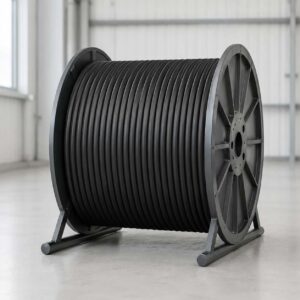 Black welding cable coiled on industrial reel