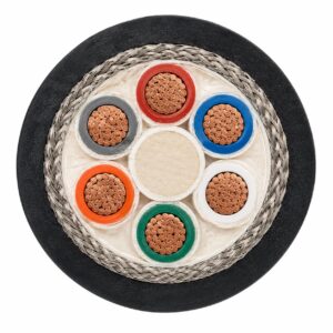 Longitudinal water-blocking cable cross-section showing center water-blocking unit, conductors, shield, and water-blocking layers