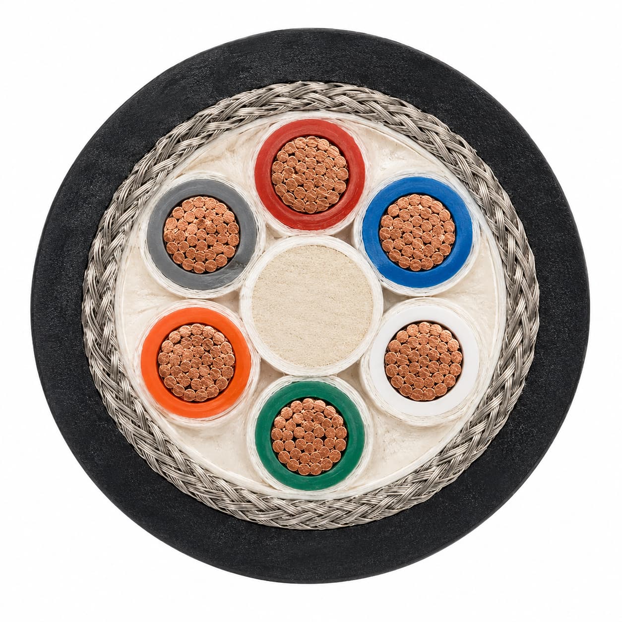 Longitudinal water-blocking cable cross-section showing center water-blocking unit, conductors, shield, and water-blocking layers