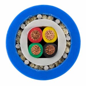 Deep-well waterproof cable cross-section showing conductors, EPDM insulation, inner waterproof sheath, and outer blue sheath