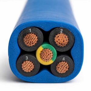 SPCFLAT-RUBBER cable cross-section showing conductors in quincunx arrangement, insulation, and sheath
