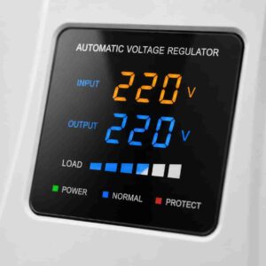 Close-up of SVC regulator LCD display showing voltage reading