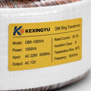 OBK transformer label showing voltage and capacity ratings