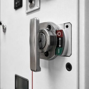 Close-up of interlock mechanism and operating handle on KYN28 switchgear panel