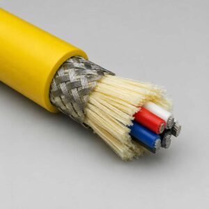 Stripped end of floating cable showing braided reinforcement and Kevlar fiber core