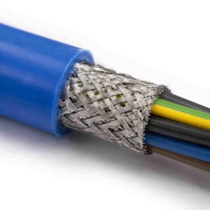 Close-up of tinned copper braid shield on JZ-500 cable