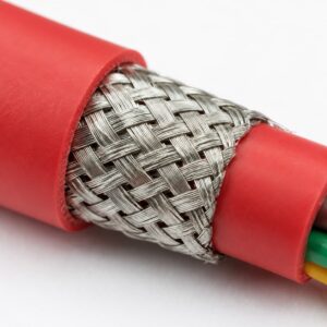 Close-up of tinned copper wire braid shield on SiHF-C-Si cable