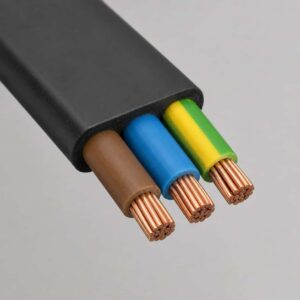 Stripped end of JKYJB flat cable showing color-coded XLPE insulated cores