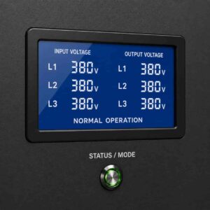 Close-up of SJW3 regulator LCD display showing three-phase voltage readings