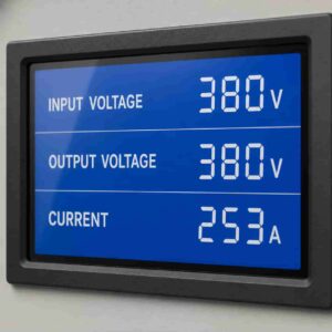 Close-up of SBW-N stabilizer LCD display showing voltage and current readings