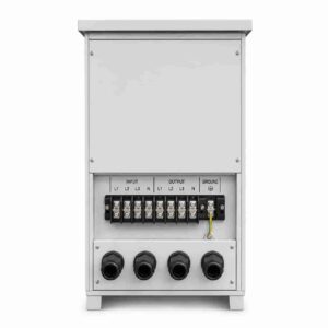 TNS6 voltage regulator rear panel with three-phase terminal connections