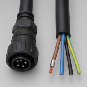 Close-up of plug connector and wire ferrule termination on connecting cable