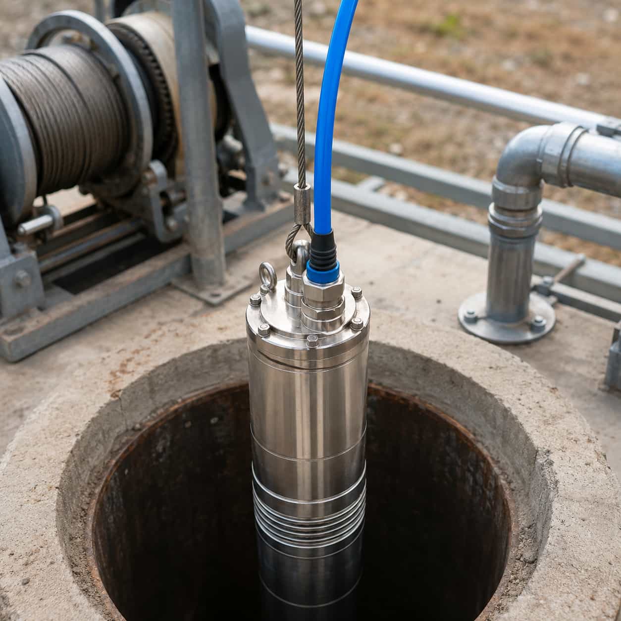 Blue waterproof cable connected to a submersible pump lowered into a deep well