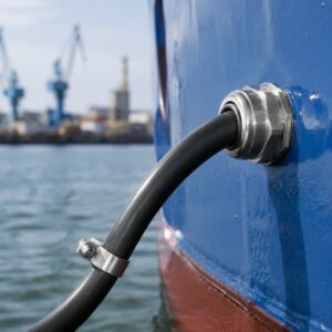 Black longitudinal water-blocking cable installed on vessel hull outboard connection