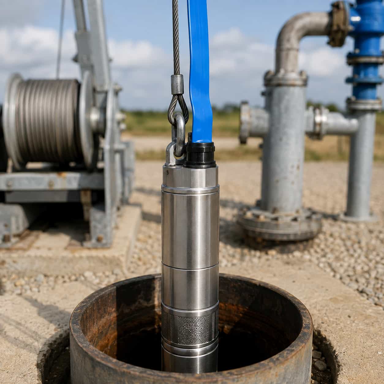 Blue flat submersible pump cable connected to a pump in a narrow borehole