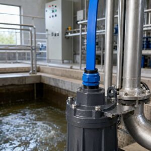 Blue submersible pump cable connected to a submersible pump in a pump station