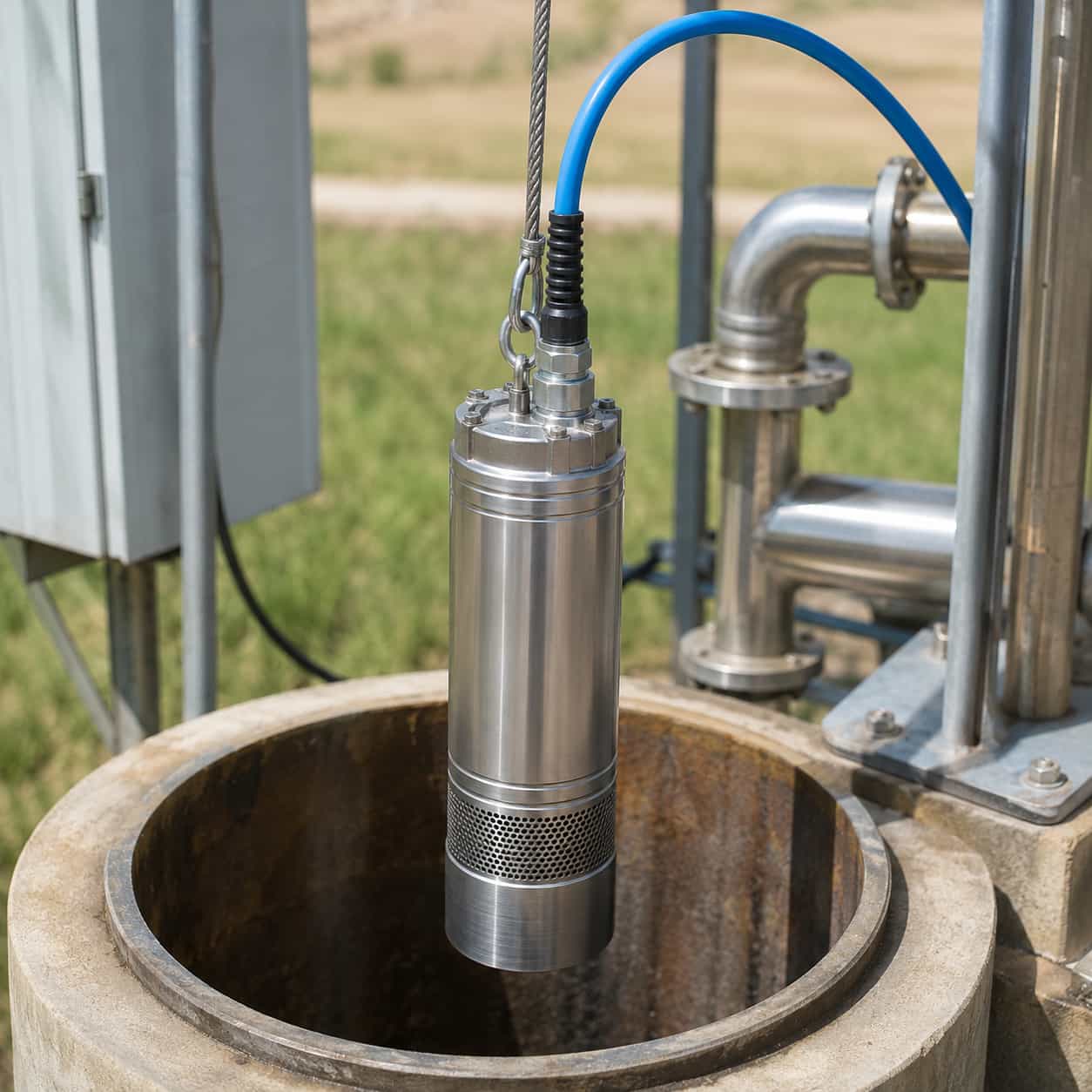 Blue Tauchflex-R cable connected to a submersible pump lowered into water