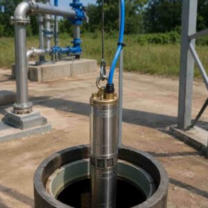 Blue submersible pump cable connected to a deep-well submersible pump lowered into a borehole