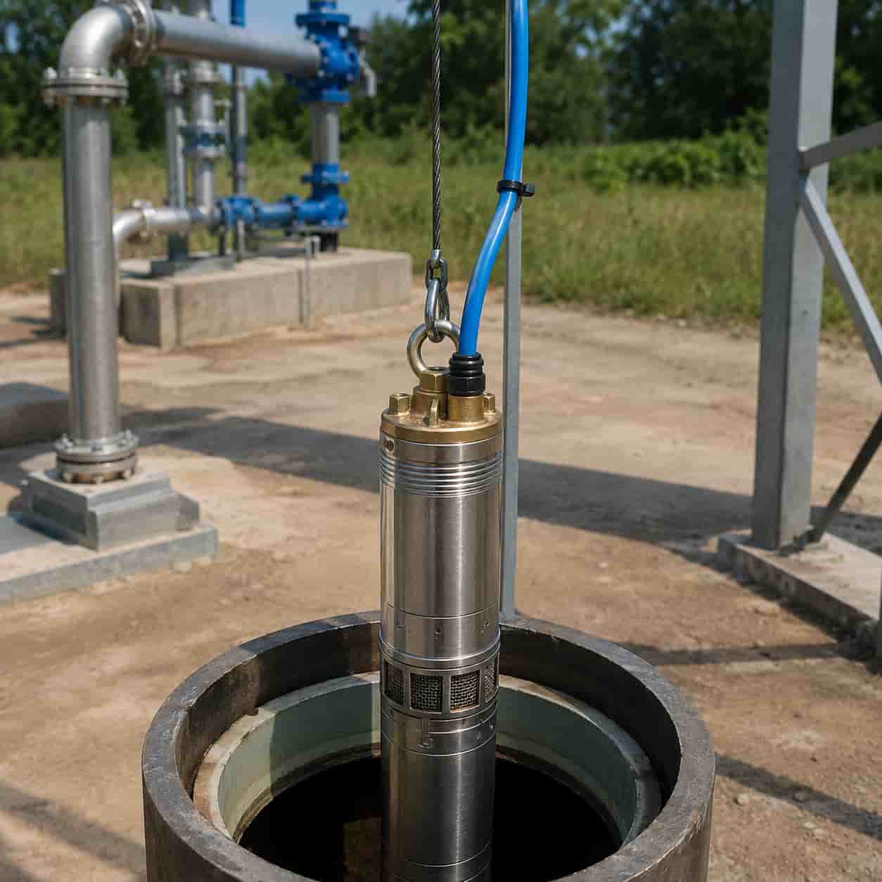 Blue submersible pump cable connected to a deep-well submersible pump lowered into a borehole