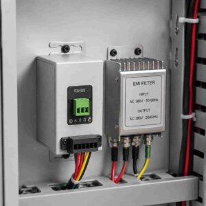 Close-up of WBT unit RS485 monitoring port and EMI filter module