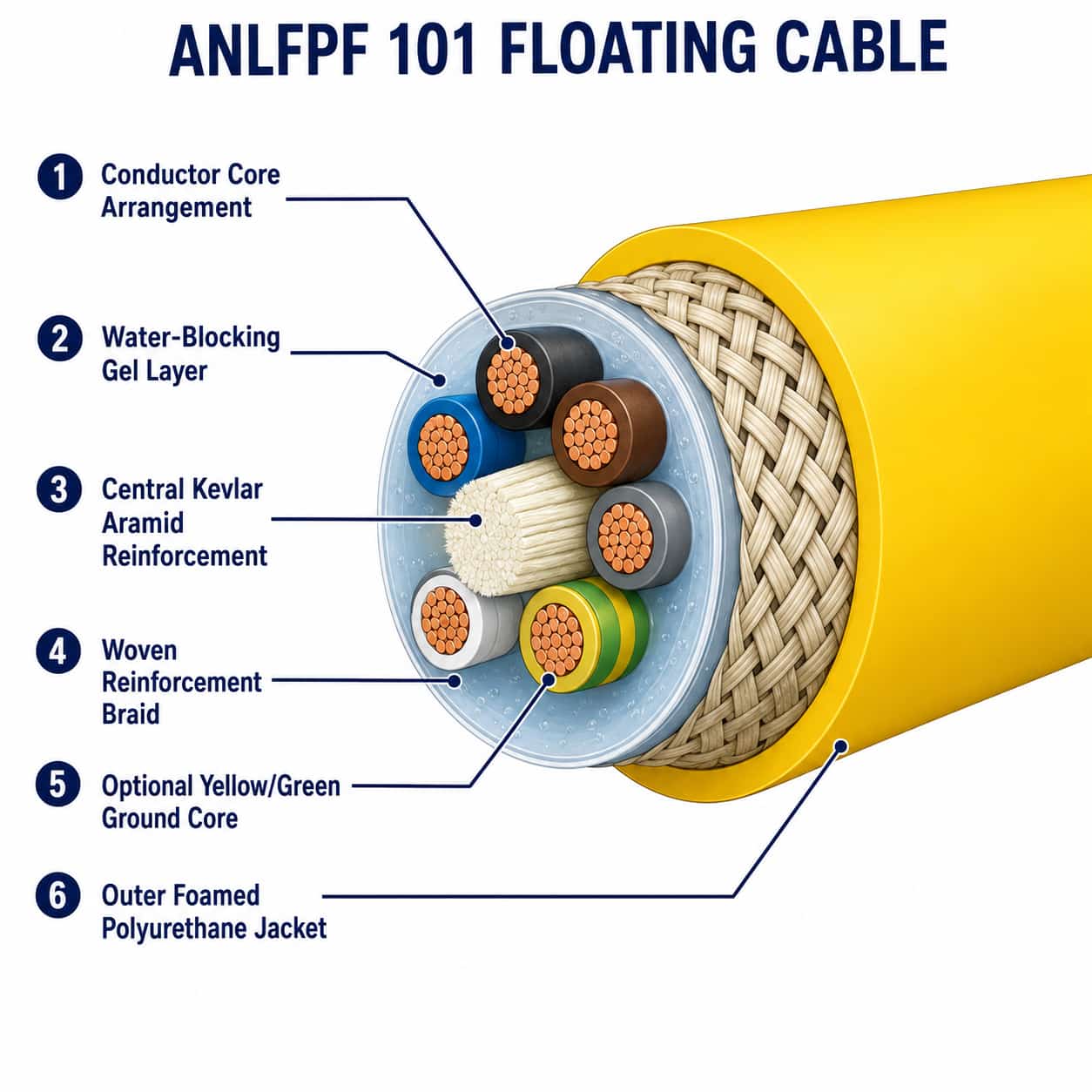 Numbered construction diagram of zero buoyancy floating cable layers