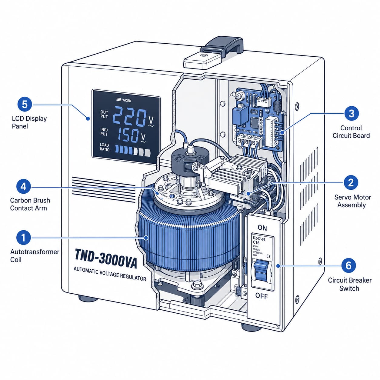 Labeled technical diagram of TND regulator internal components