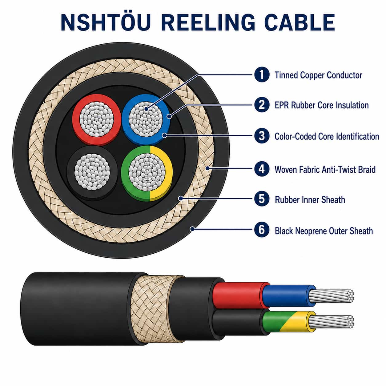 Numbered construction diagram of NSHTÖU reeling cable layers