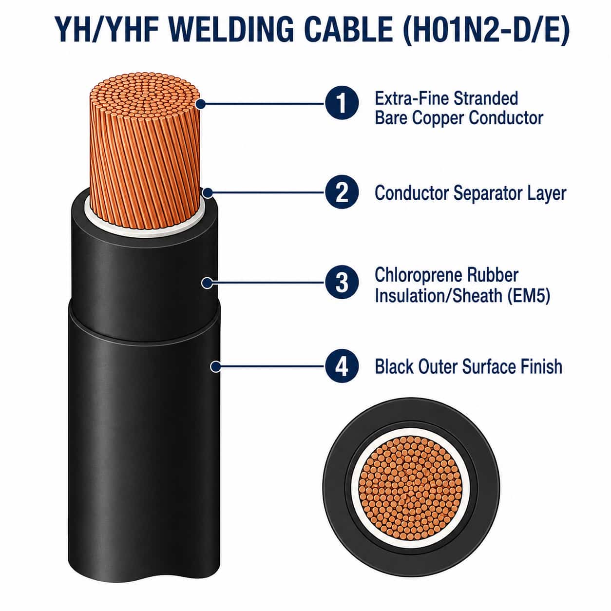 Numbered construction diagram of YH YHF welding cable layers