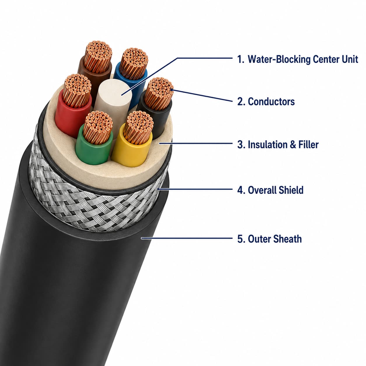 JHS longitudinal water-blocking cable construction diagram showing center water-blocking unit, conductors, shield, and sheath